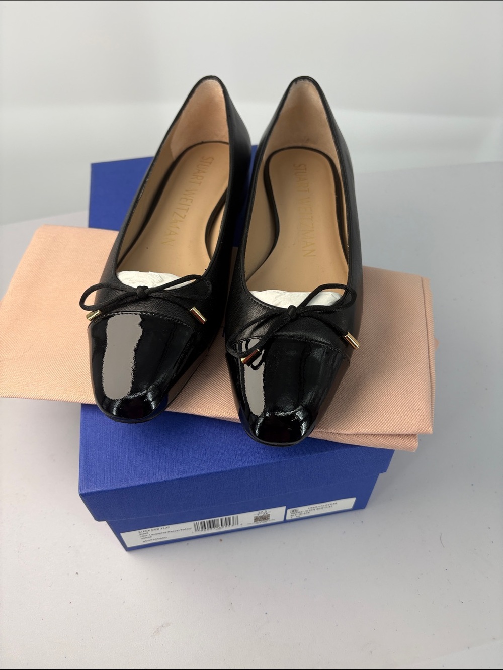 Nib Stuart Weitzman 7AA Sleek Bow Flat Black/Patent cap toe Leather Ballet Flats